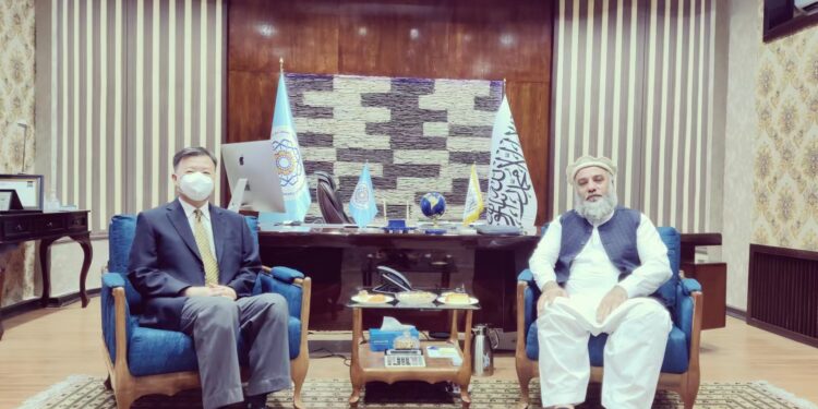 په کابل کې د چين لوی سفير وانګ يو د افغانستان د صنعت او سوداګرۍ له سرپرست وزير نورالدین عزیزي سره وکتل